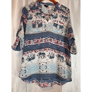 Rue 21 Elephant‎ Print Blouse Womens Medium Roll Tab Sleeve Top